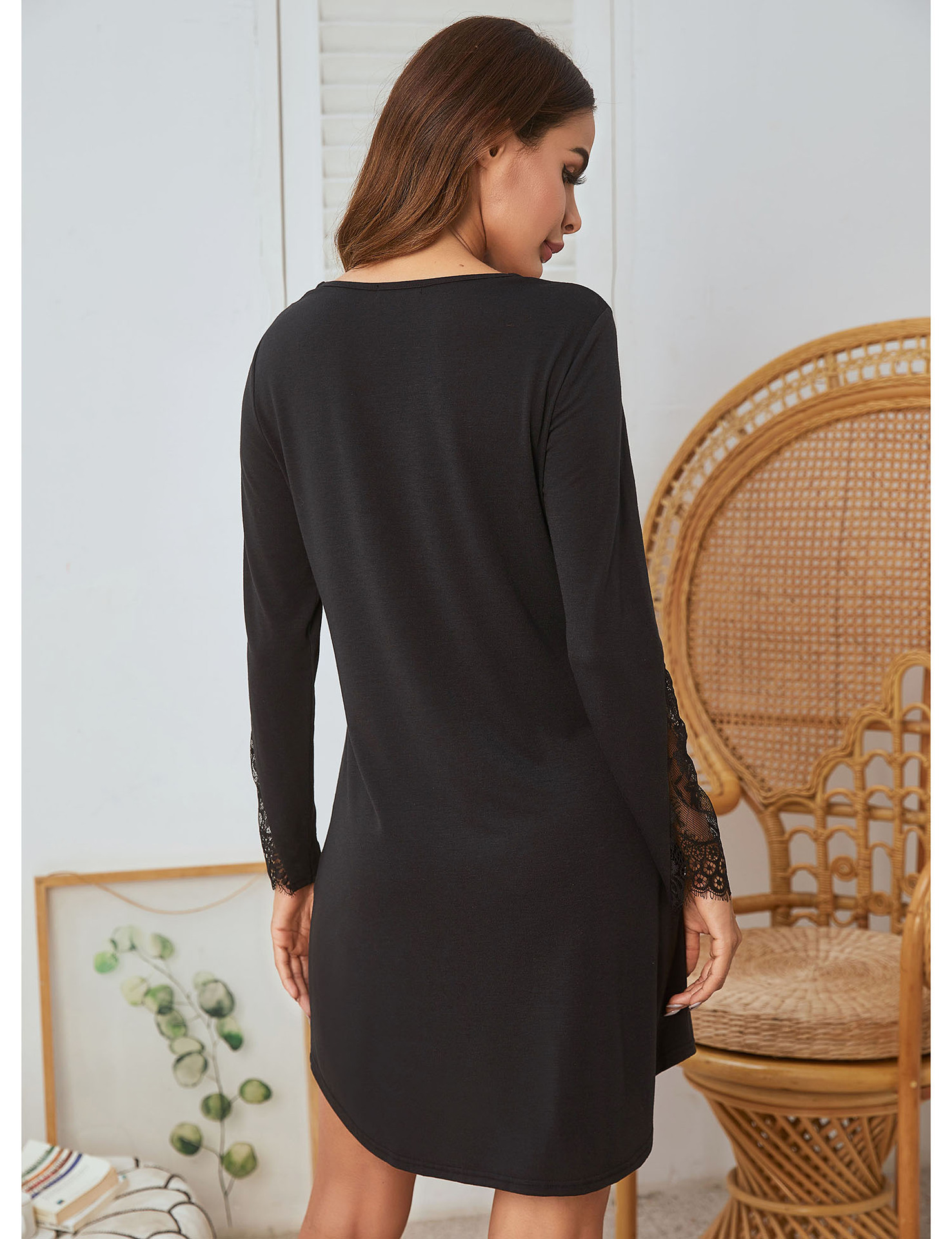 Amazon Cross-border Fall/Winter European and American Women's Long-sleeved Nightgown Lace Stitching Fake Placket Pullover Dress Pajamas