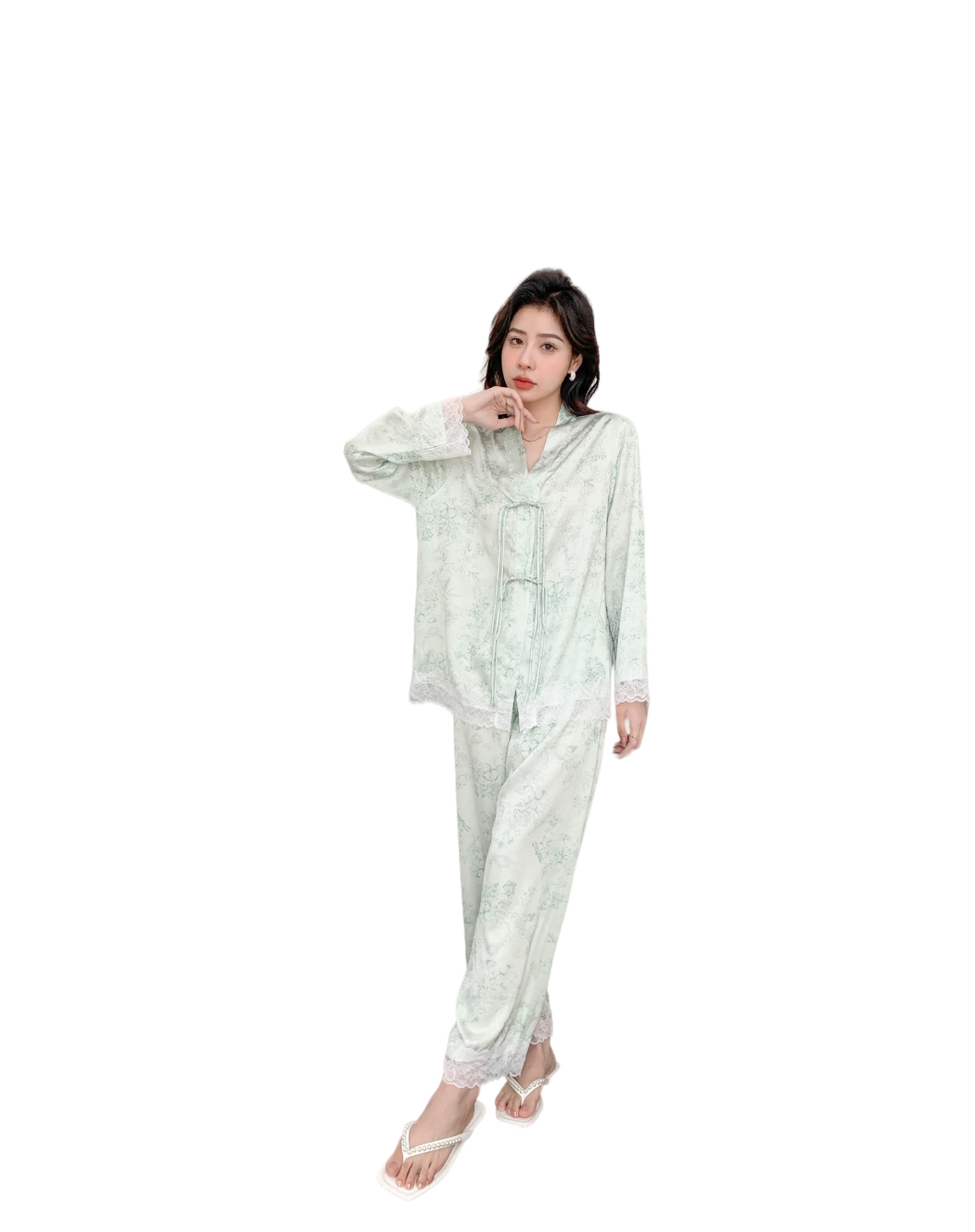[Light luxury National style] new ice silk pajamas little red book recommend new Chinese women's long sleeve silk-like home wear