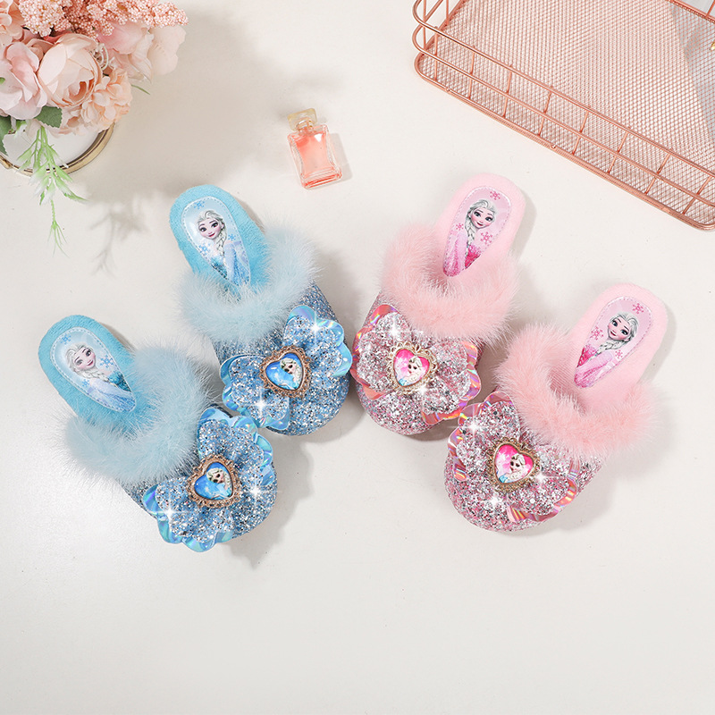 Children's Winter Fluffy Mop Fashion New Girl Princess Elsa Fashion Home Flat Heeled Warm Cotton Mop