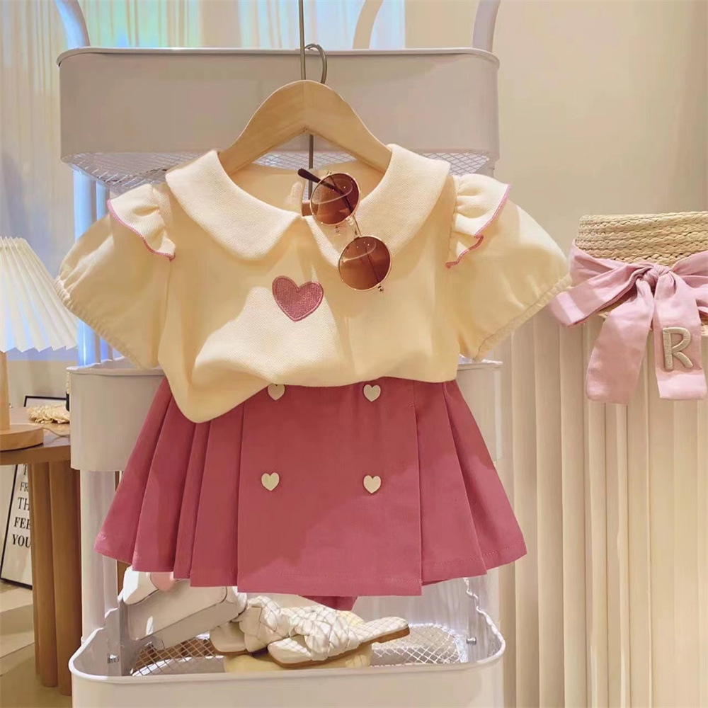 女童套裝2024夏季新款愛心刺繡泡泡袖打底衫上衣+百褶褲裙兩件套
