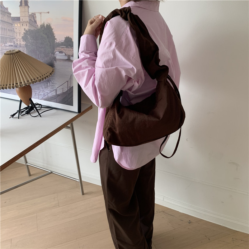 Canvas Bag Women's Korean-style Single-shoulder Pleated Drawstring Canvas Bag Small Fresh Artistic Solid Color Portable Crossbody Casual Women's Bag_voghion.com