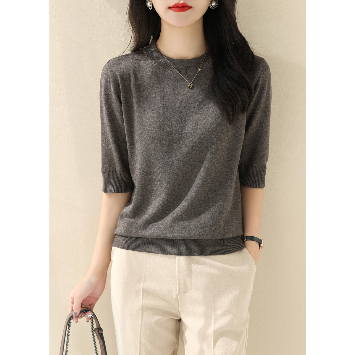 New Solid Color Mid-sleeve Elegant Knit Sweater Women's 2024 Summer Half-height Round Neck Half-sleeve Loose Top
