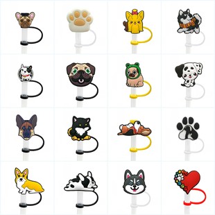 New Cartoon Puppy Straw Sleeve Straw Cap Silicone Dust Plug Cute Cartoon Party Straw Decoration Cross-border Products
