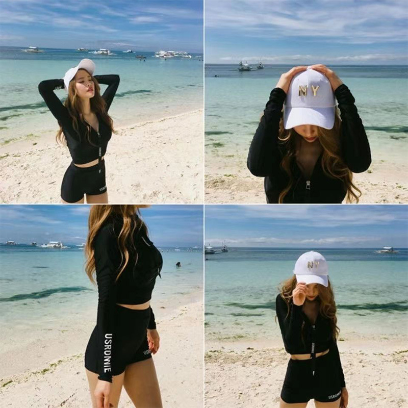Korean New Sexy Split Zipper Suit Hot Spring Long Sleeve Sun Protection High Waist Belly Covering Slimming Jellyfish Snorkeling Swimsuit