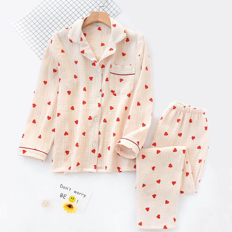 New Spring Summer Autumn Cotton Cotton Yarn Women's Pajamas Lapel Cute Little Heart Long Sleeve Trousers Home Clothes suit