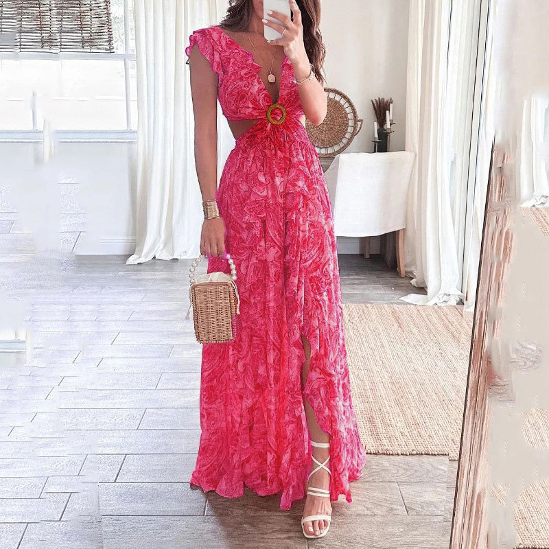 European and American Women's 2024 Cross-border Amazon Summer New Printed Deep V Sexy Waist Long Pleated Dress