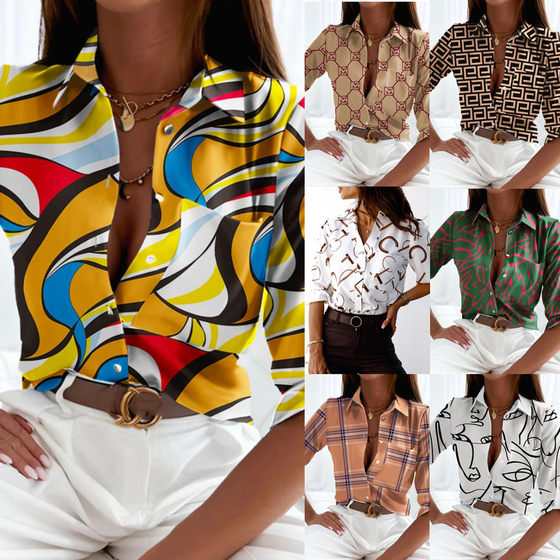 2022 European and American Foreign Trade women's cross-border Spring and Autumn tops stand alone Amazon long-sleeved shirt printed shirt for women