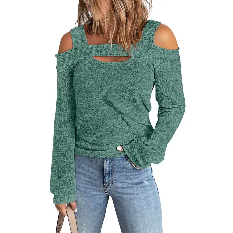 Autumn and Winter 2022 Europe and America Cross-border Amazon wish Women's Fashion Casual Solid Color Shoulder Loose Long Sleeve T-shirt for Women