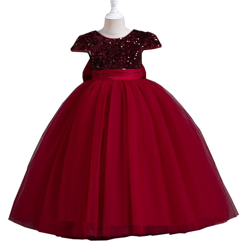 Girl's Dress Evening Dress Evening Dress Sequin Mesh Puff Dress Long Princess Dress Back Bow Sweet