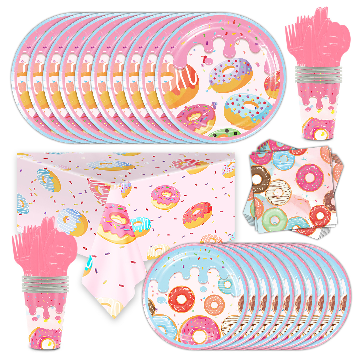 Donut Theme Paper Plate Paper Towel Tablecloth Tableware Set 10-person Birthday Party Supplies Atmosphere Set