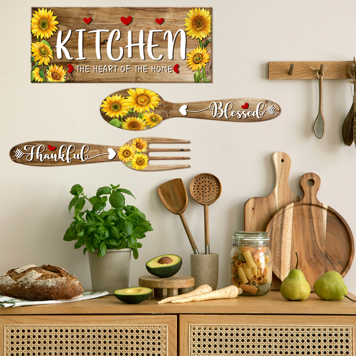 ATW4010-ZC Sunflower Spoon Fork Pattern Wall Stickers Kitchen Restaurant Decorative Wall Stickers Self-adhesive Wall Stickers