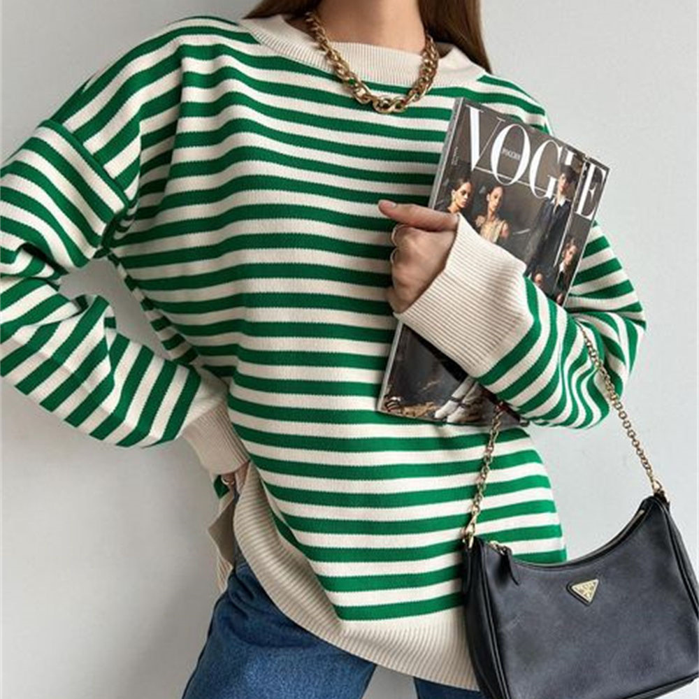 Cross-border Sweater Women's European and American Casual Stripe Contrast Color Loose Long-sleeved Crewneck Sweater Pullover Woolen Top Autumn and Winter