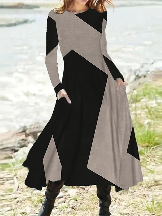 2022 cross-border European and American women's casual European and American ethnic style retro fashion autumn and winter long sleeve oversized swing dress