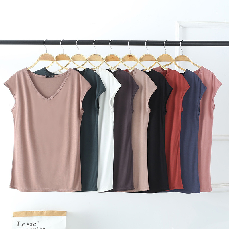 Summer thin modal sleeveless t-shirt for women V-neck short-sleeved top loose large size vest with solid color bottoming shirt