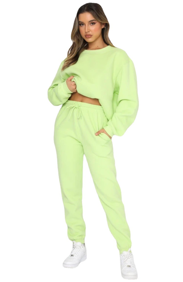 Cross-border European and American Autumn and Winter Solid Color Round Neck Pullover Trousers Women's Fashion Casual Long Sleeve Sweater Suit New Product