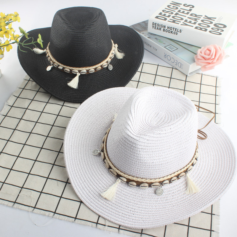 Ethnic Style Unisex Men and Women's Travel Big Brimmed Straw Hat Tassel Shell Couple's Topper Hat Jazz Sun Protection Hat