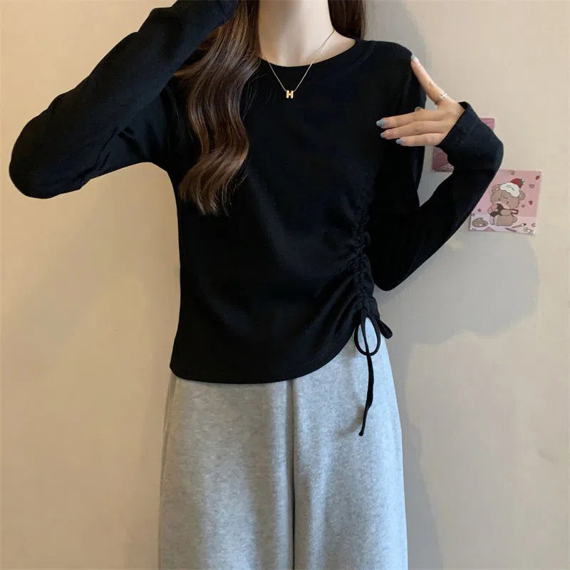 Spring and summer long-sleeved T-shirts for women, slimming bottoming shirts, drawstring inner bottoming shirts, slimming, irregular short tops