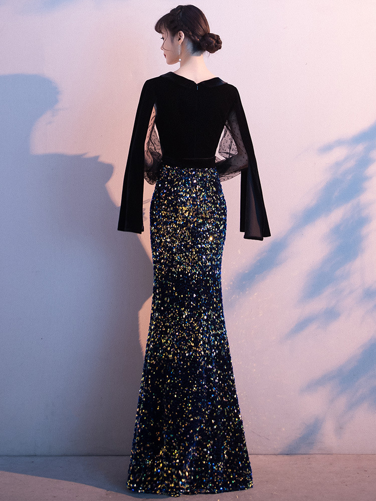 Black evening dress for women 2024 spring new banquet fishtail temperament annual meeting host banquet dress