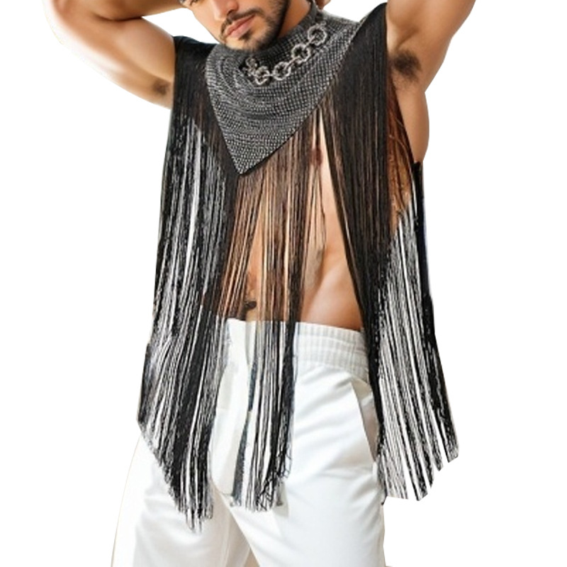 2024 New Stitching Sleeveless Cloak Sexy Foreign Trade Fashion European and American Men's Street Clothing High Collar Tassel Vest