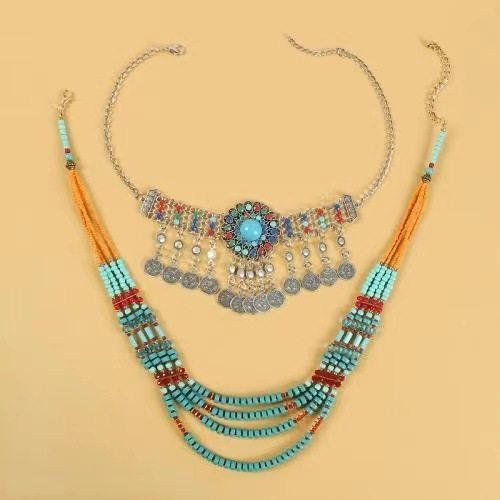 Ethnic style forehead decoration necklace dual-use 4-layer rice beads bohemian travel photography performance decoration hair accessories female handmade
