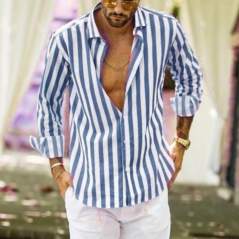 2023 cross-border Europe and the United States new Amazon AliExpress foreign trade long sleeve lapel striped shirt loose shirt men