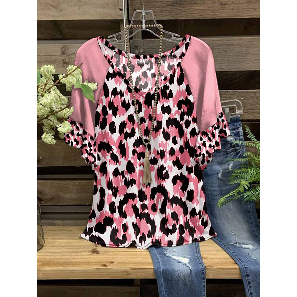 Independent station Amazon spring and summer casual new v-neck T-shirt floral leopard print ruffled short sleeve t-shirt