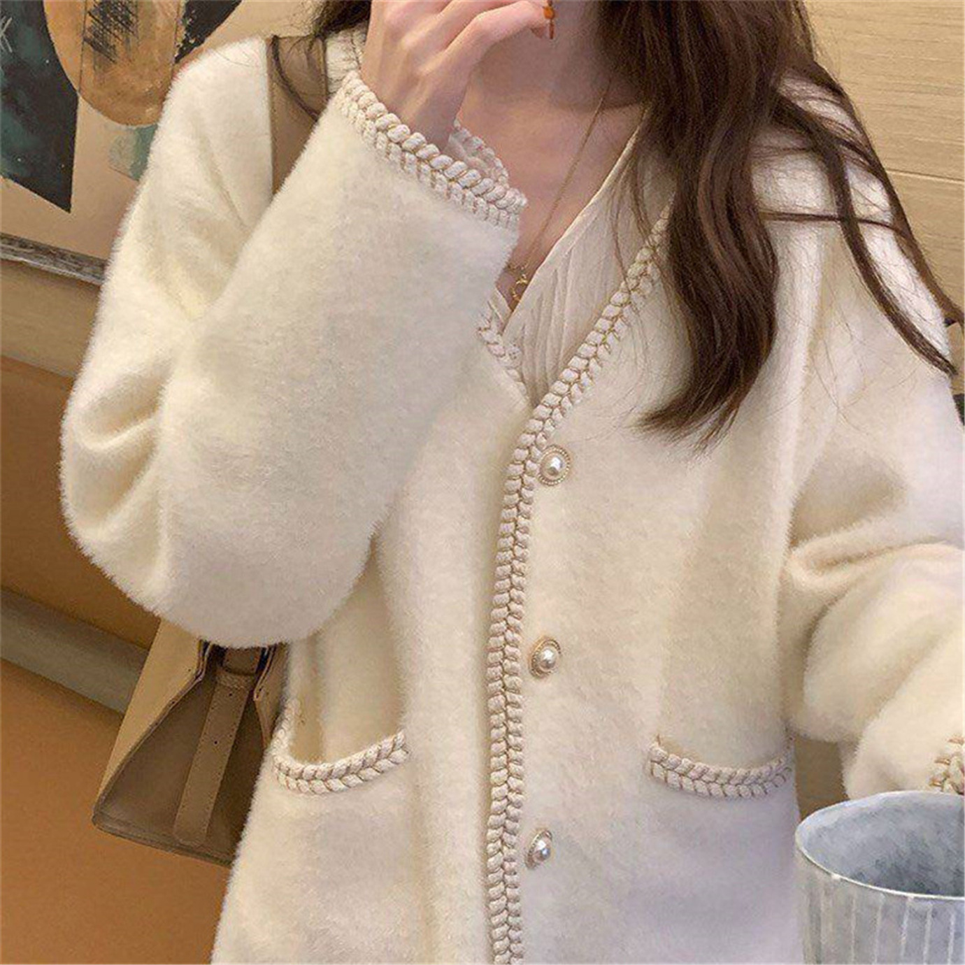 2023 Autumn and Winter New Korean Style Loose Lazy Style Phnom Penh Imitation Mink Velvet Chanel Style Coat Women's Autumn and Winter Knitted Cardigan