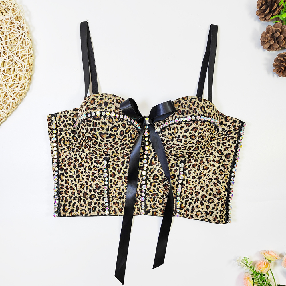French leopard print tube top outer wear breathable mesh slim Fishbone camisole women's inner thin bow bra
