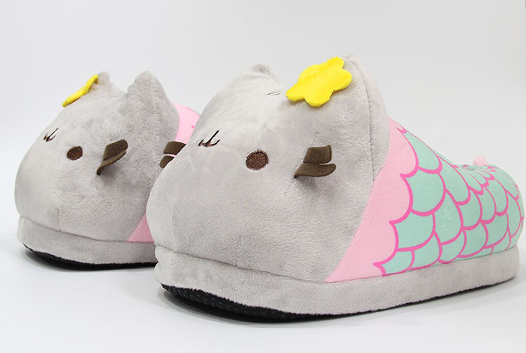 Pantoufles en peluche de dessin animé sirène gros chat gris, chaussures d'intérieur et d'hiver pour la maison, pantoufles en coton avec chat mignon, chaussures de lune pour femmes_voghion.com