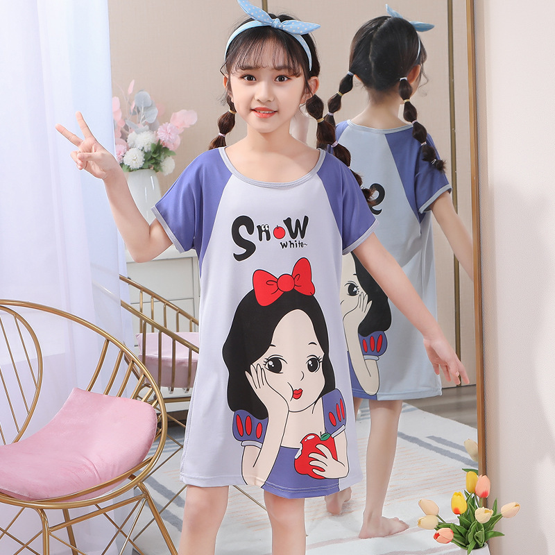 Children's Nightdress Girls' Pajamas Summer Short-sleeved Baby Thin Korean-style Little Girl's Cartoon Mid-size Big Children's Home Dress Skirt
