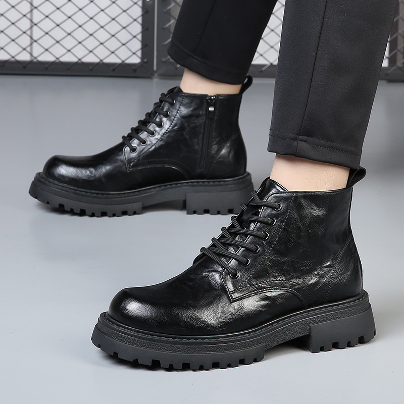 Martin boots men's 2023 new cotton leather boots thin British style mid-top thick bottom hidden height increasing motorcycle black ankle boots
