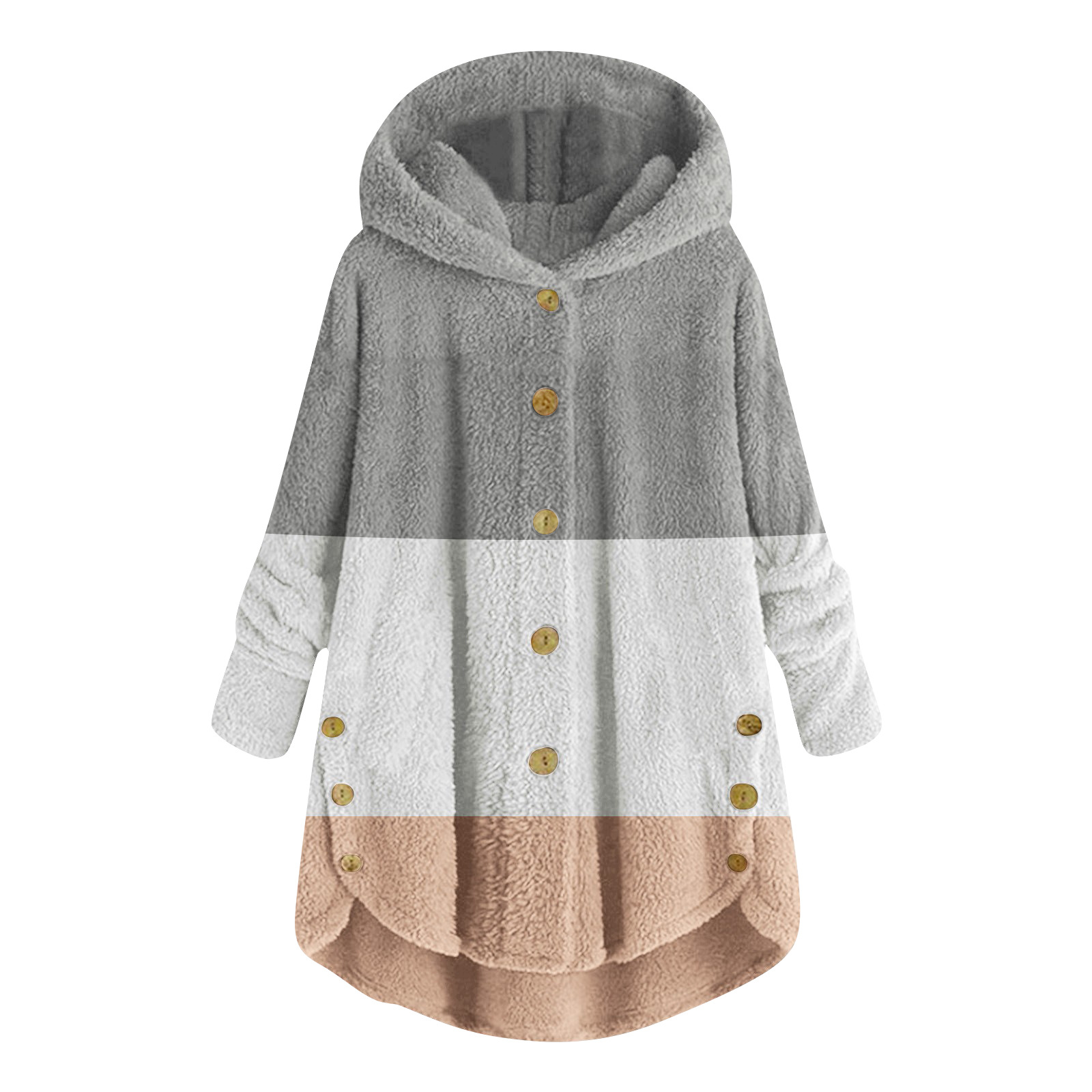 2023 Winter   New Fashion Women's European and American Button Plush Top Color Matching Multicolor Hooded Jacket_voghion.com