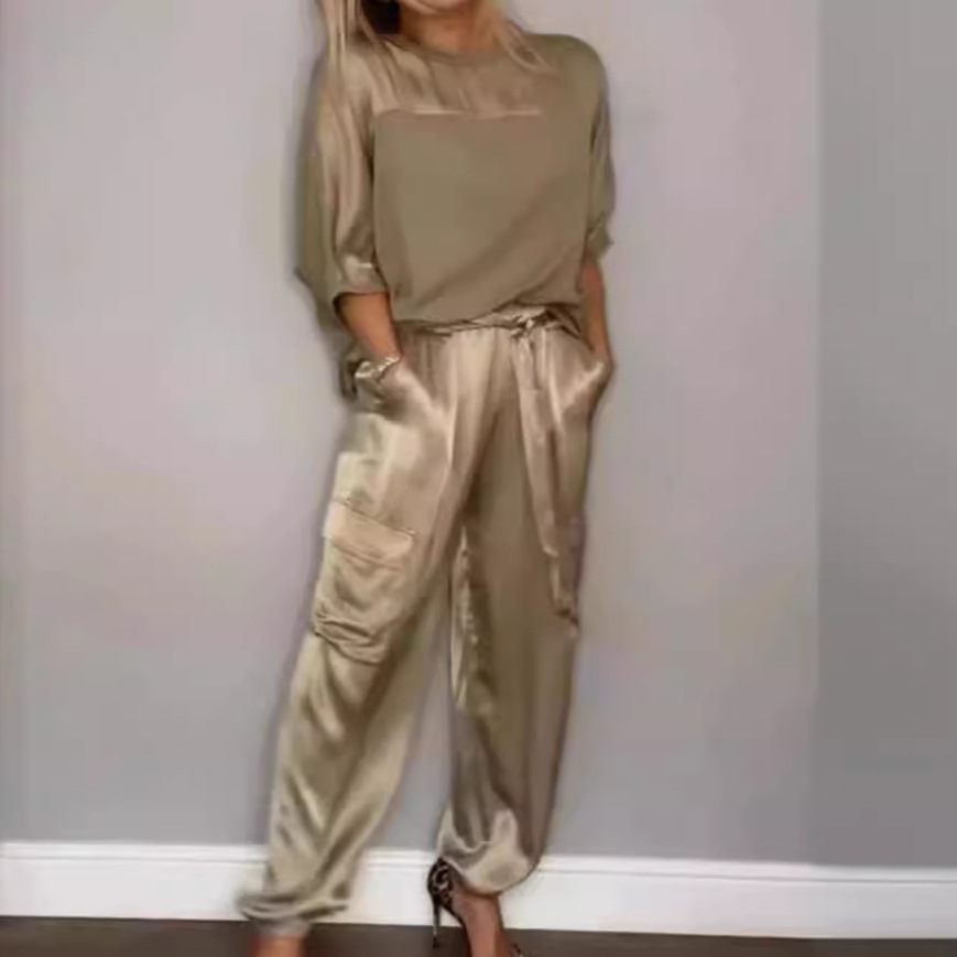 Amazon Europe and America Spring and Autumn New Cross-border Fashion Women's Solid Color Smooth Satin Half Sleeve Top Two-piece Set
