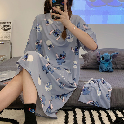 Girl's Nightdress Short-sleeved Korean-style Cartoon Student's Home Clothes Summer Pajamas Thin Large Size Long Over-the-Knee Dress