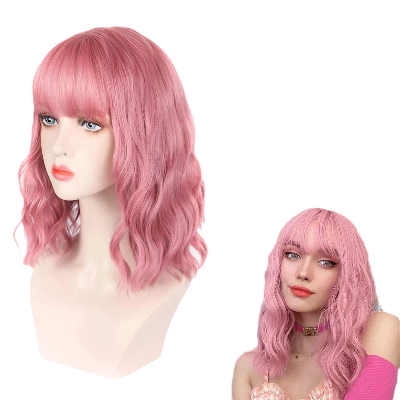 Peluca de mujer de cabello corto natural con diadema completa y ondas pequeñas, flequillo de aire, simulación de diadema._voghion.com