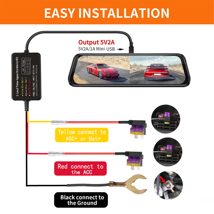 Direct selling car 5V3A voltage reduction line three-core time-reducing video recorder TypeC parking monitoring voltage reduction line