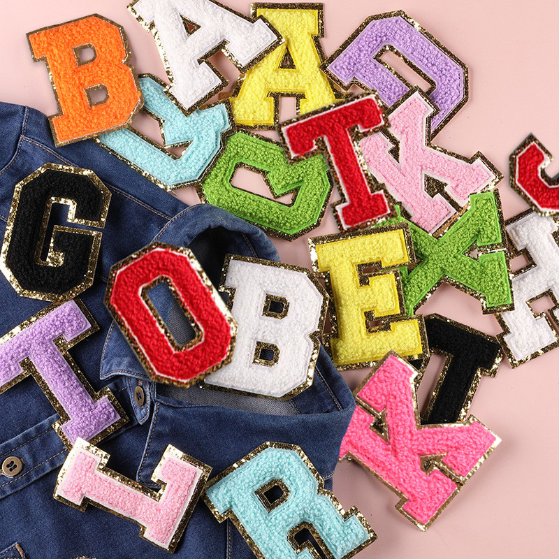 Computer embroidery label towel embroidery golden edge English letter badge patch stickers clothing accessories chenille embroidery cloth stickers