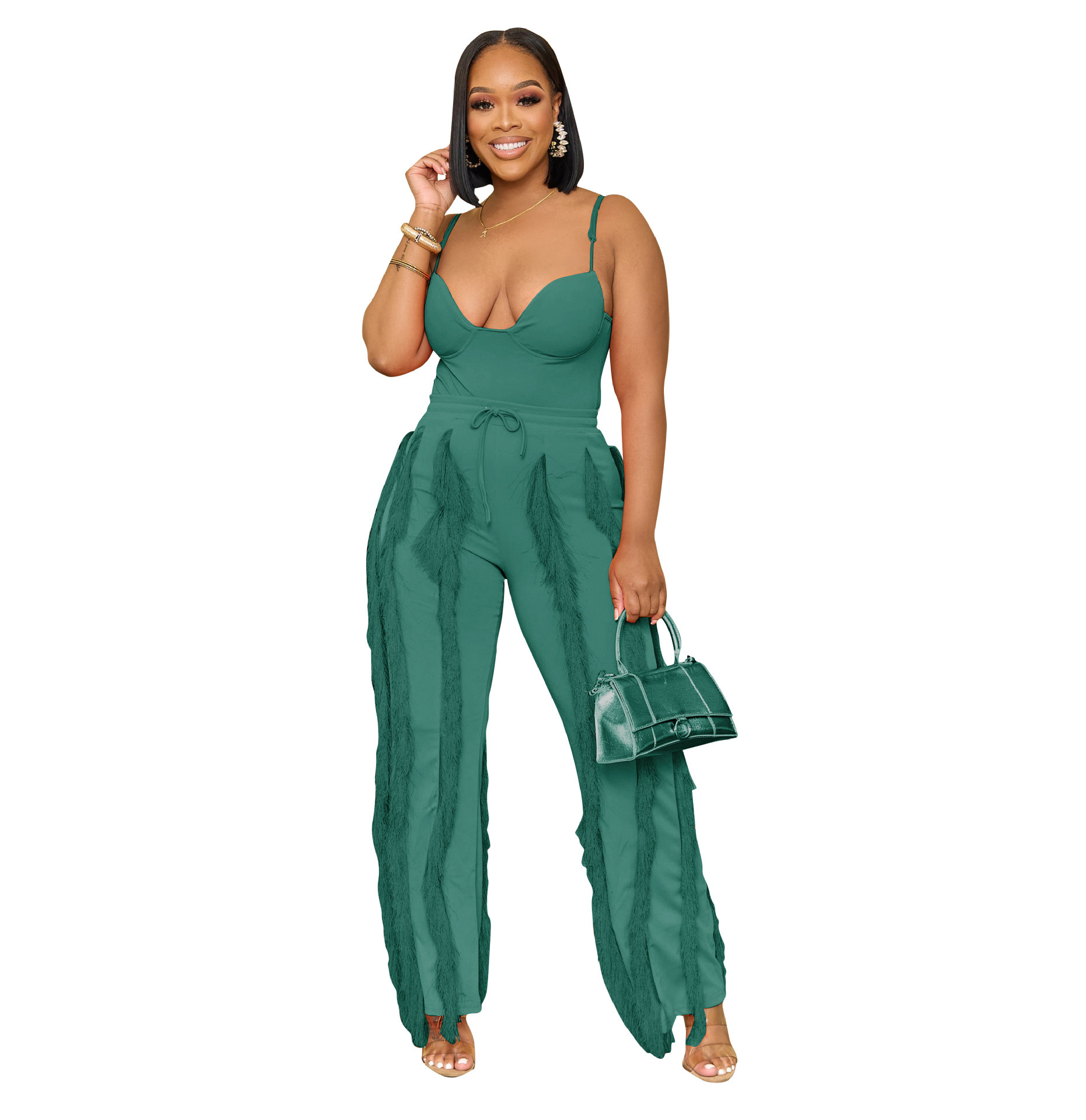 AL246 Amazon Cross-border European and American Women's Suit Tassel Lace Strap Jumpsuit Two-piece Straight-through Pants Summer