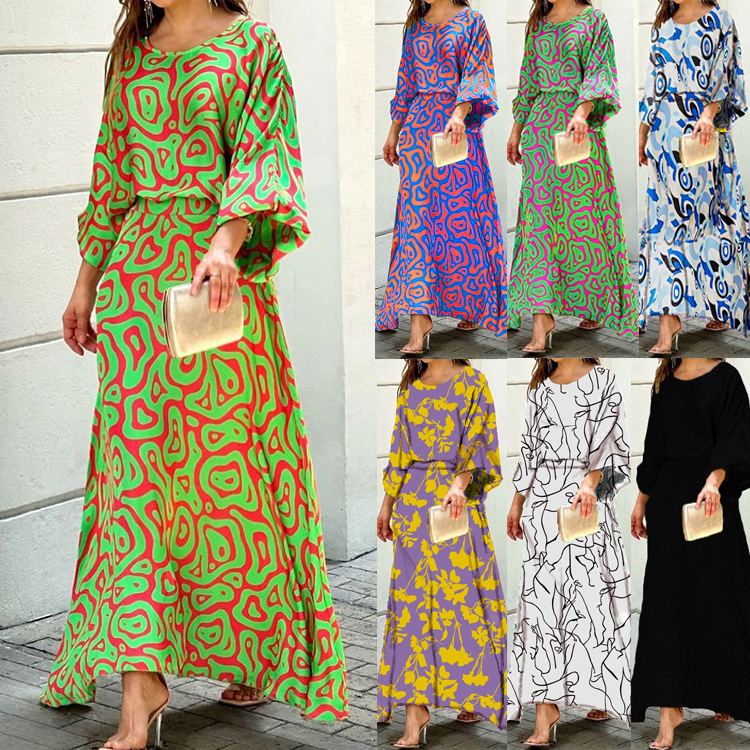 2022 cross-border European and American women's autumn New loose printed long-sleeved top high waist half-length plus size long skirt suit