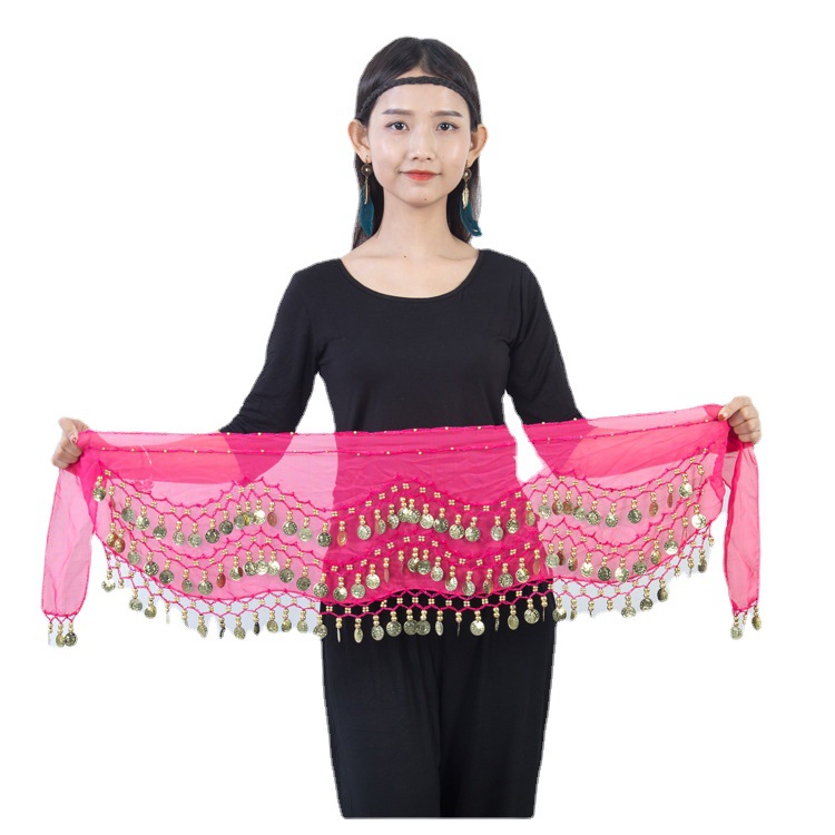 Belly dance waist chain practice hip towel dance clothing Festival performance waist towel chiffon waist chain gold coin silver coin