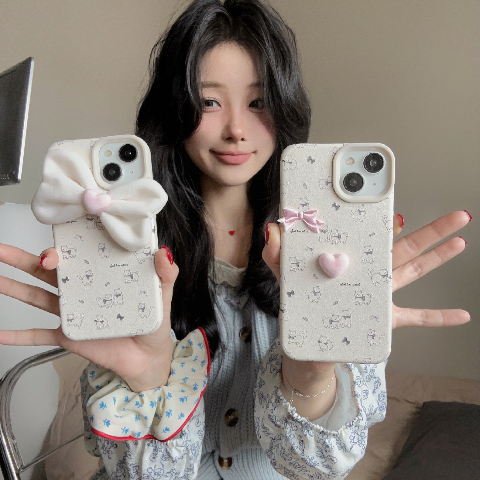 愛心毛絨蝴蝶結貓咪適用蘋果15手機殼14ProMax小眾iPhone13女12防