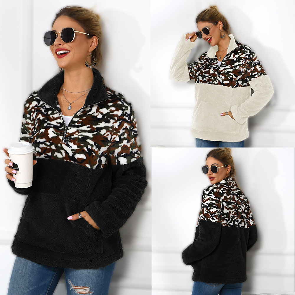 Amazon 2020 New zipper lapel double-sided velvet leopard stitching sweater for women
