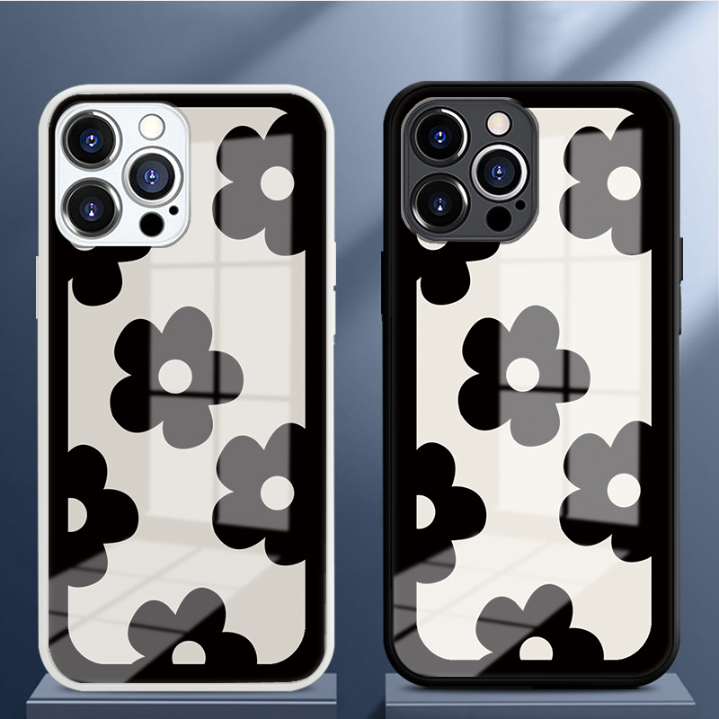 黑白簡約花朵蘋果14Pro手機殼iPhone15玻璃13Pro直邊11/X保護殼7p