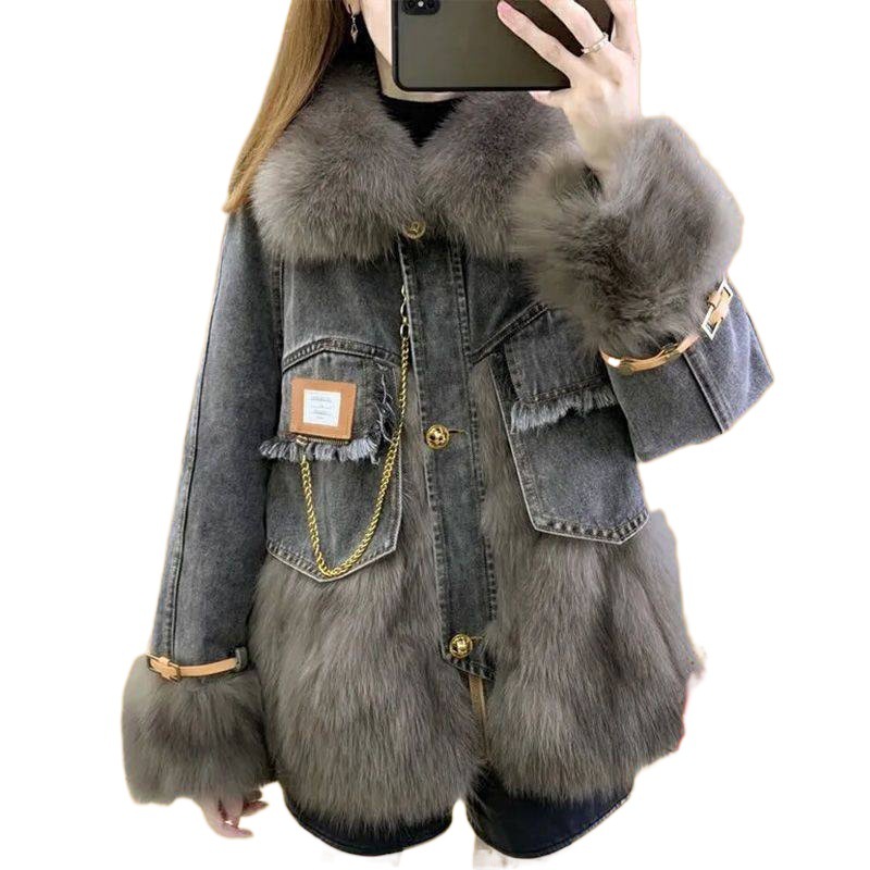  winter Korean version of the new denim imitation fox fur young parka coat for women mid-length fur imitation down jacket