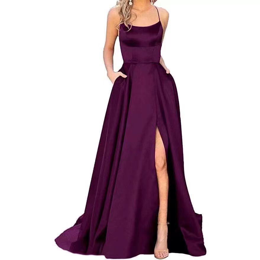 2024 European and American cross-border new party bridesmaid dress solid color off-the-shoulder long dress small trailing banquet evening dress