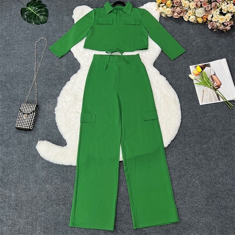 9849 Cross-border Europe and America Amazon Leisure Drawstring Jacket High Waist Tooling Straight Pants Commuter Two-piece Set