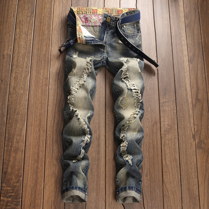 Men's jeans wholesale, retro water-washed, ripped jeans for men, inelastic, Western and European style, versatile, cross-border