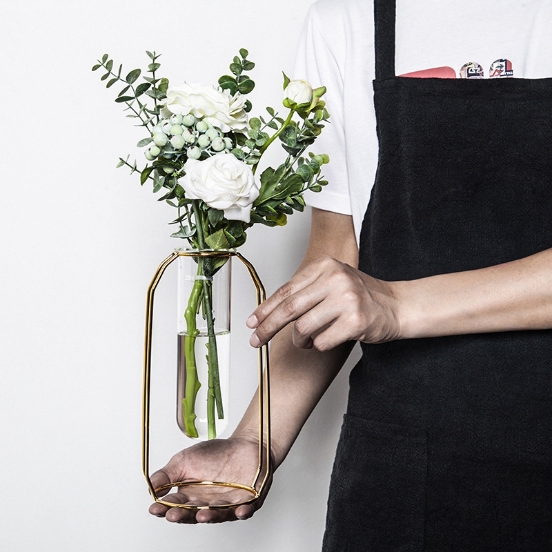 Nordic simple wrought iron glass flower arrangement base electroplating hydroponic vase dining table living room office desktop decoration ornaments