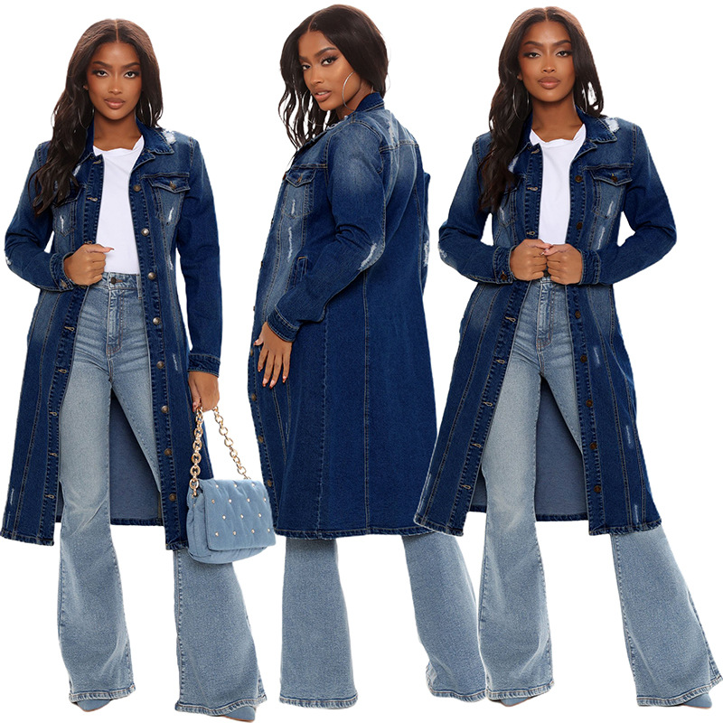 Cross-border European and American style Denim coat for women 2024 hot sale New dark washed worn retro slim-fit long trench coat