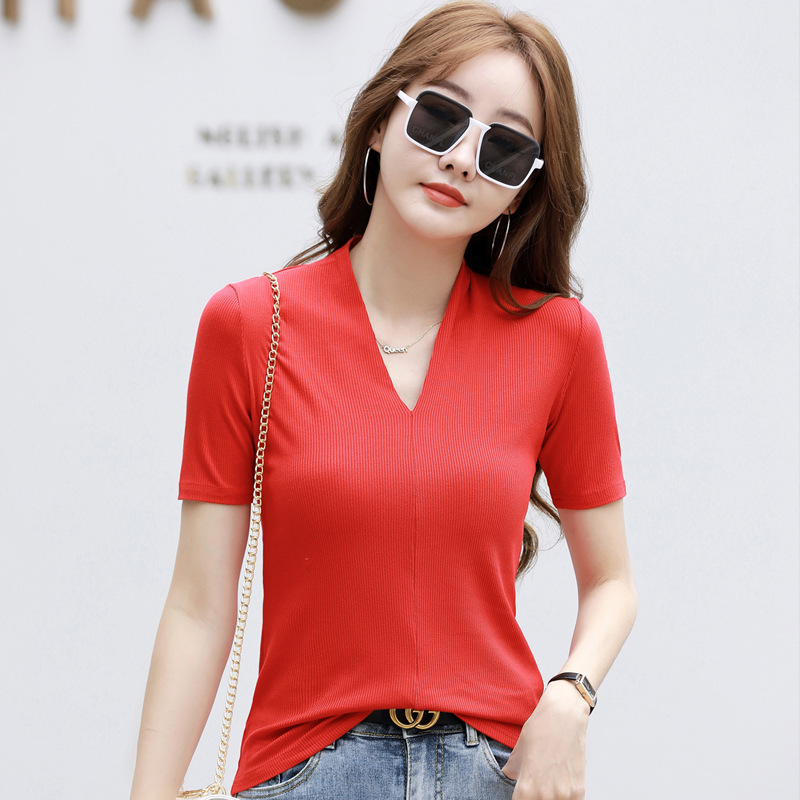 349 Summer New Deep V-neck Short-sleeved T-shirt Women's Slim-fit Slimming Sexy Fashionable Black All-match Base Shirt Trendy
